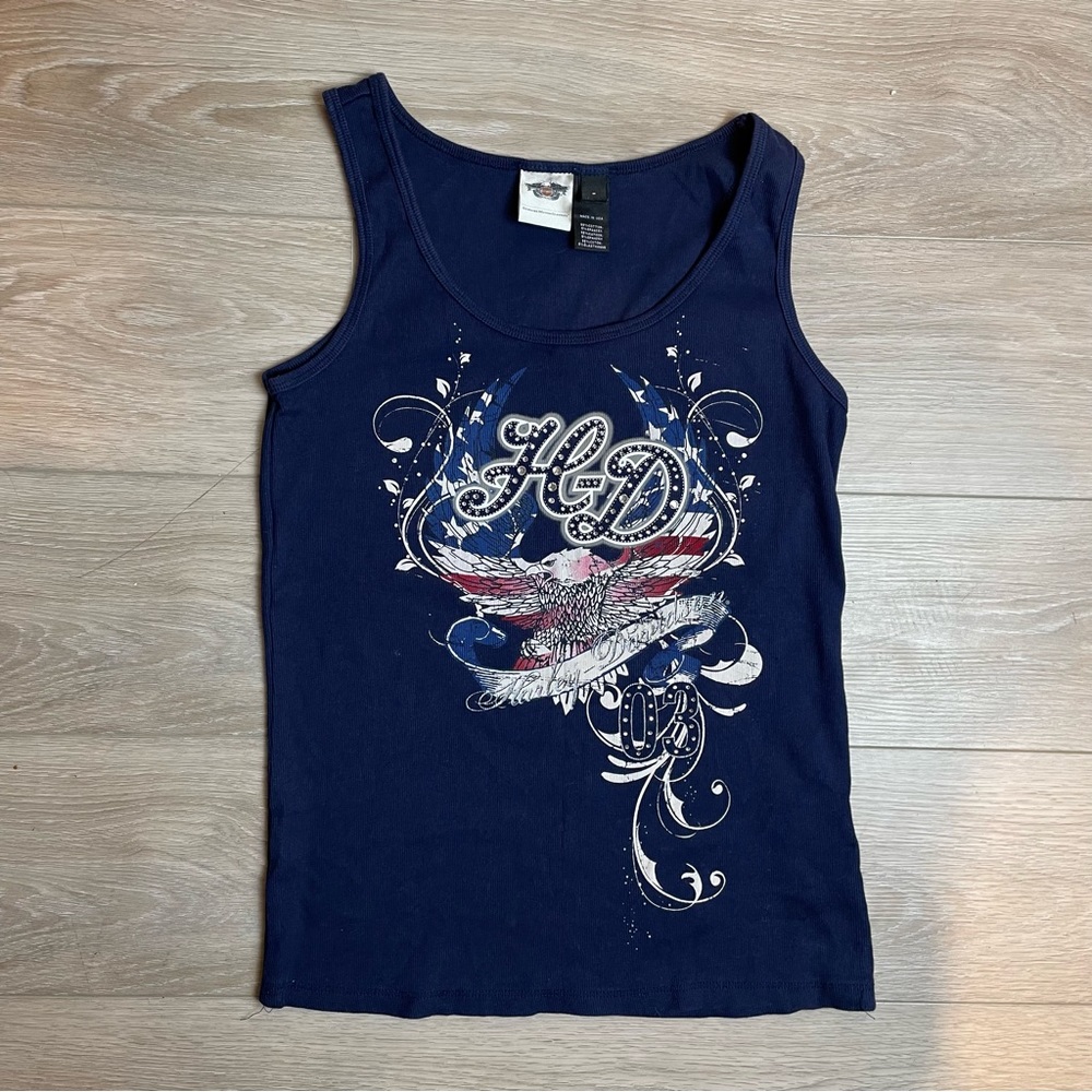 Harley-Davidson Tank Top Rhinestone Eagle Wings Blue